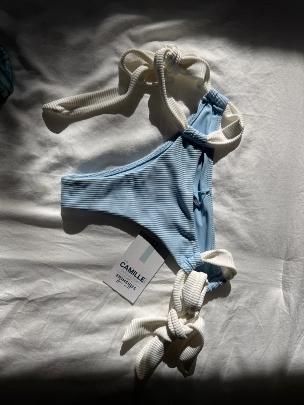 Camille Ribbed Bikini Bottom in Light Blue with White Rope Ties